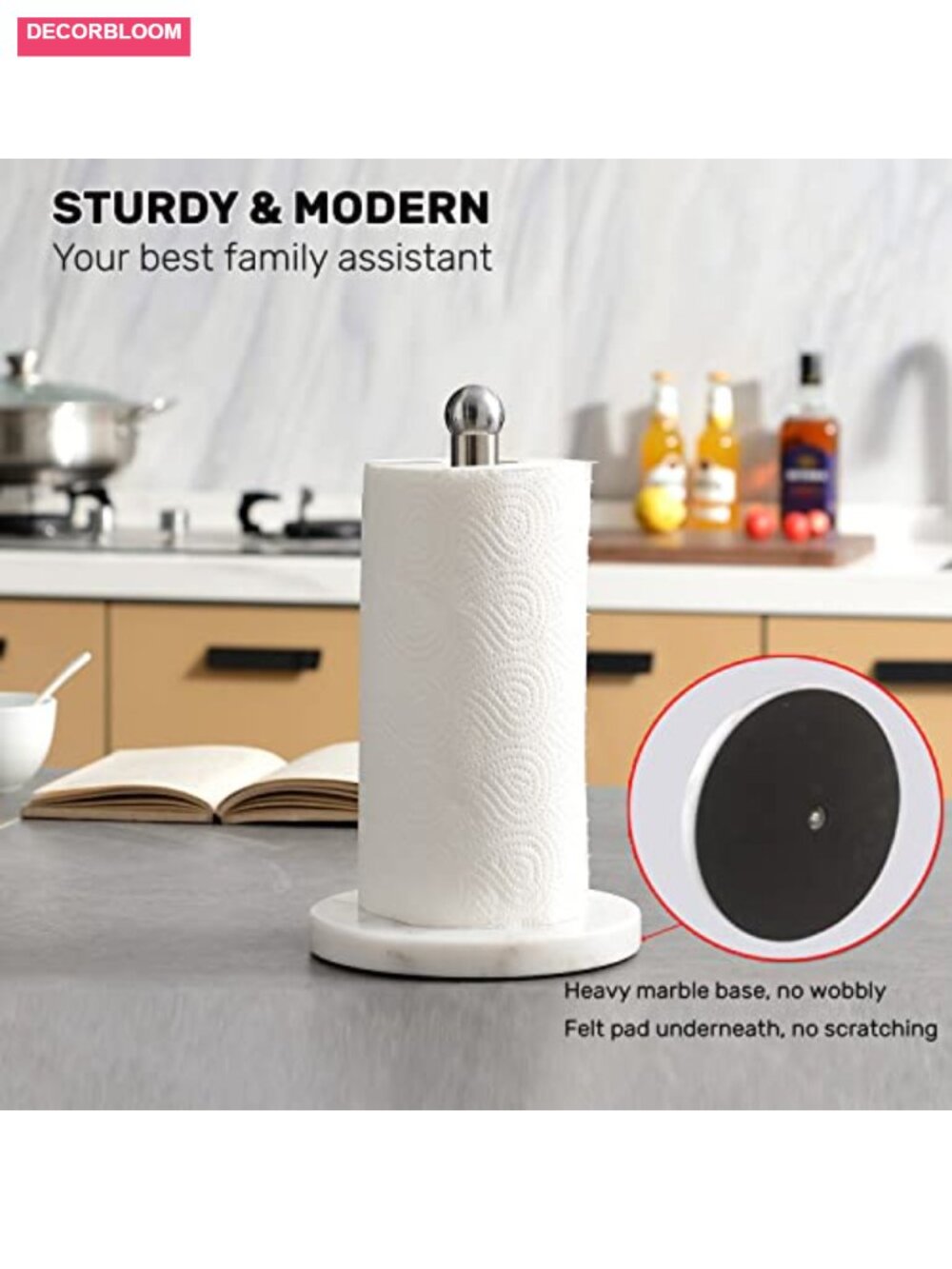 Sturdy Marble Base Paper Towel Holder, Freestanding Countertop, One-Handed - Picture 4 of 6